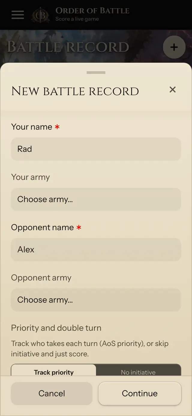 New battle record sheet with player names filled in