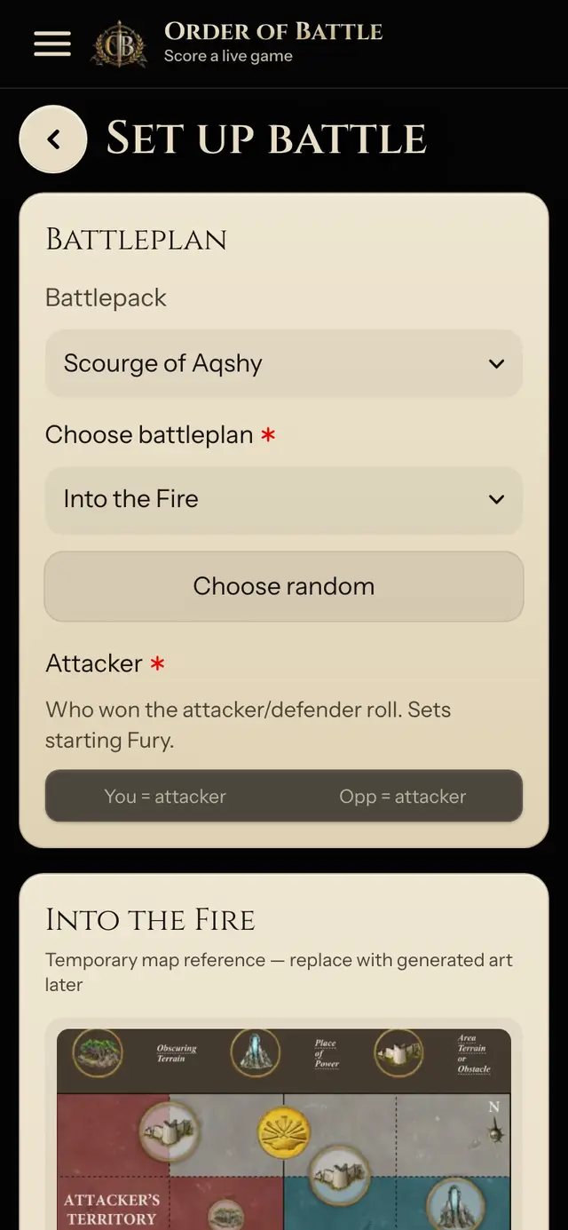 Set up battle screen with the battlepack, the Into the Fire battleplan, and its map