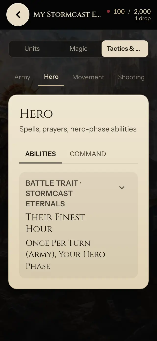 Play Tactics & Phases tab showing the abilities for the current phase