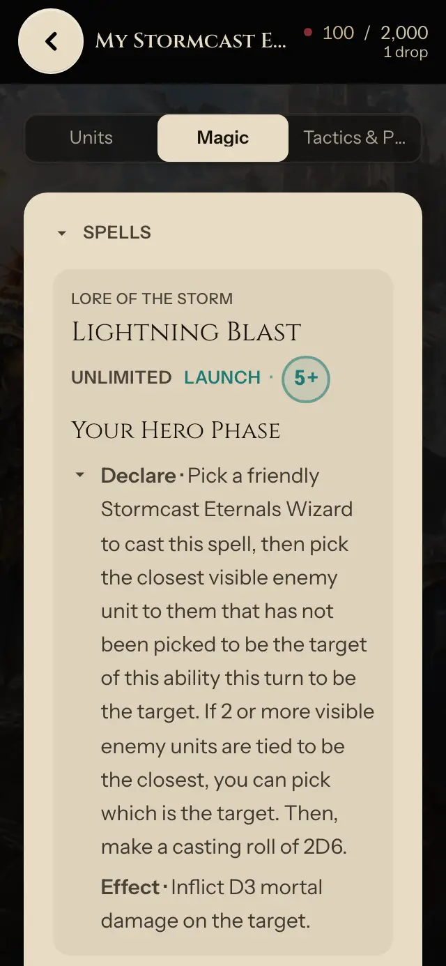 Play Magic tab with the Lightning Blast spell from Lore of the Storm open