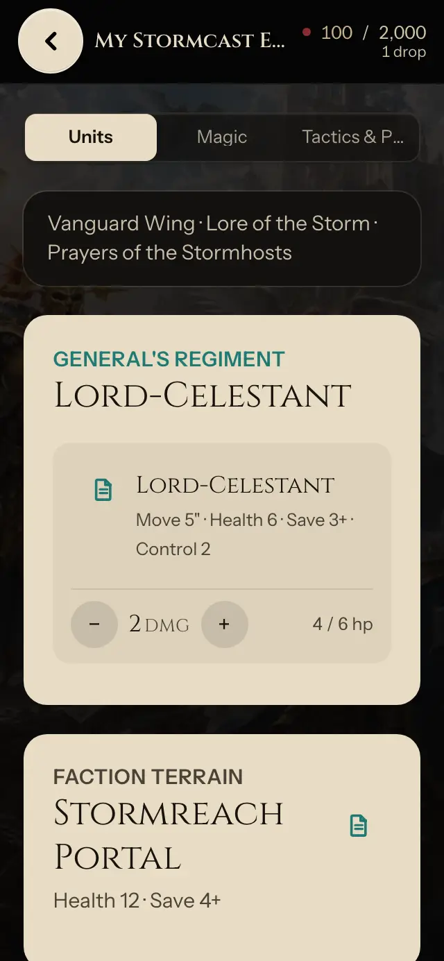 Play Units tab with a regiment and its wound tracker