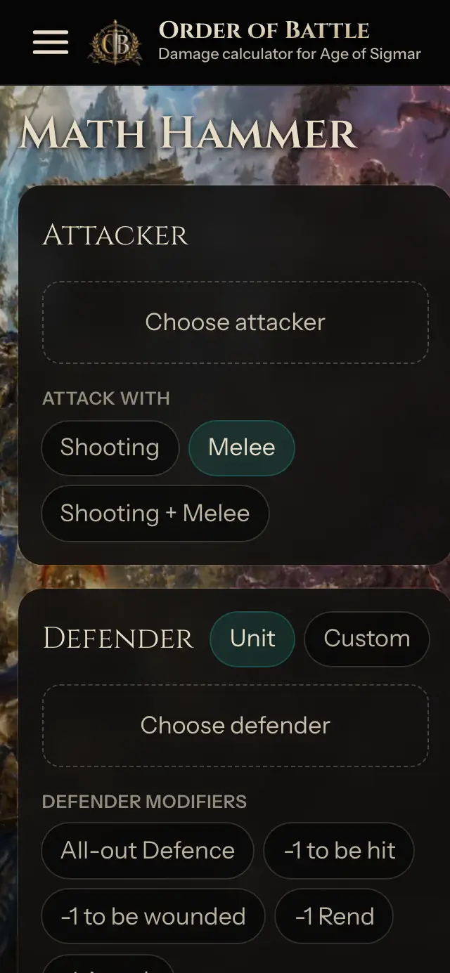 Combat Calculator screen with empty Attacker and Defender panels