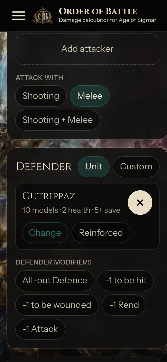 Defender panel with an enemy unit picked